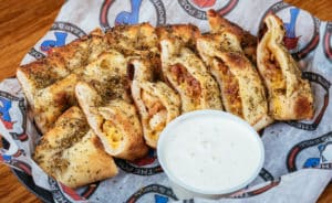 Bacon Ranch and Chicken Post-It appetizer bread bites stuffed with cheddar jack cheese and served with Ranch dressing